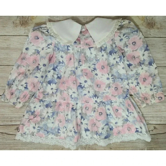 Vintage Polly Flinders Toddler Girl Dress Size T3 Floral Drop Waist Ruffle Lace - Picture 2 of 5